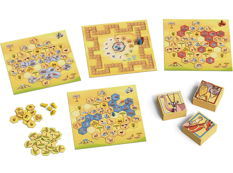 Mid-game view of Savannah Park board with scoring tiles and animals in position
