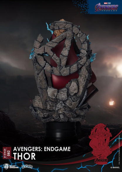 Avengers Endgame Thor D-Stage 082 statue featuring Thor in red cape with a stormy rock formation surrounding him
