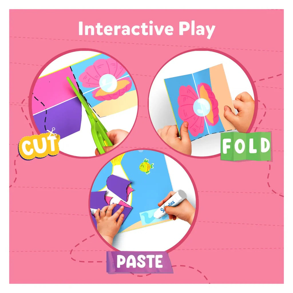 Interactive Play graphic showing hands cutting, folding, and pasting colorful craft pieces