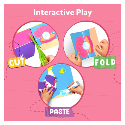 Interactive Play graphic showing hands cutting, folding, and pasting colorful craft pieces