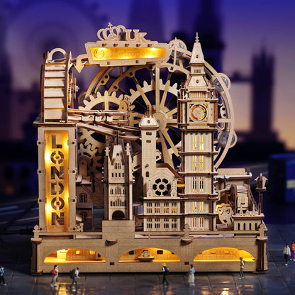 Detailed, illuminated wooden kinetic model featuring Big Ben, gears, and London architecture