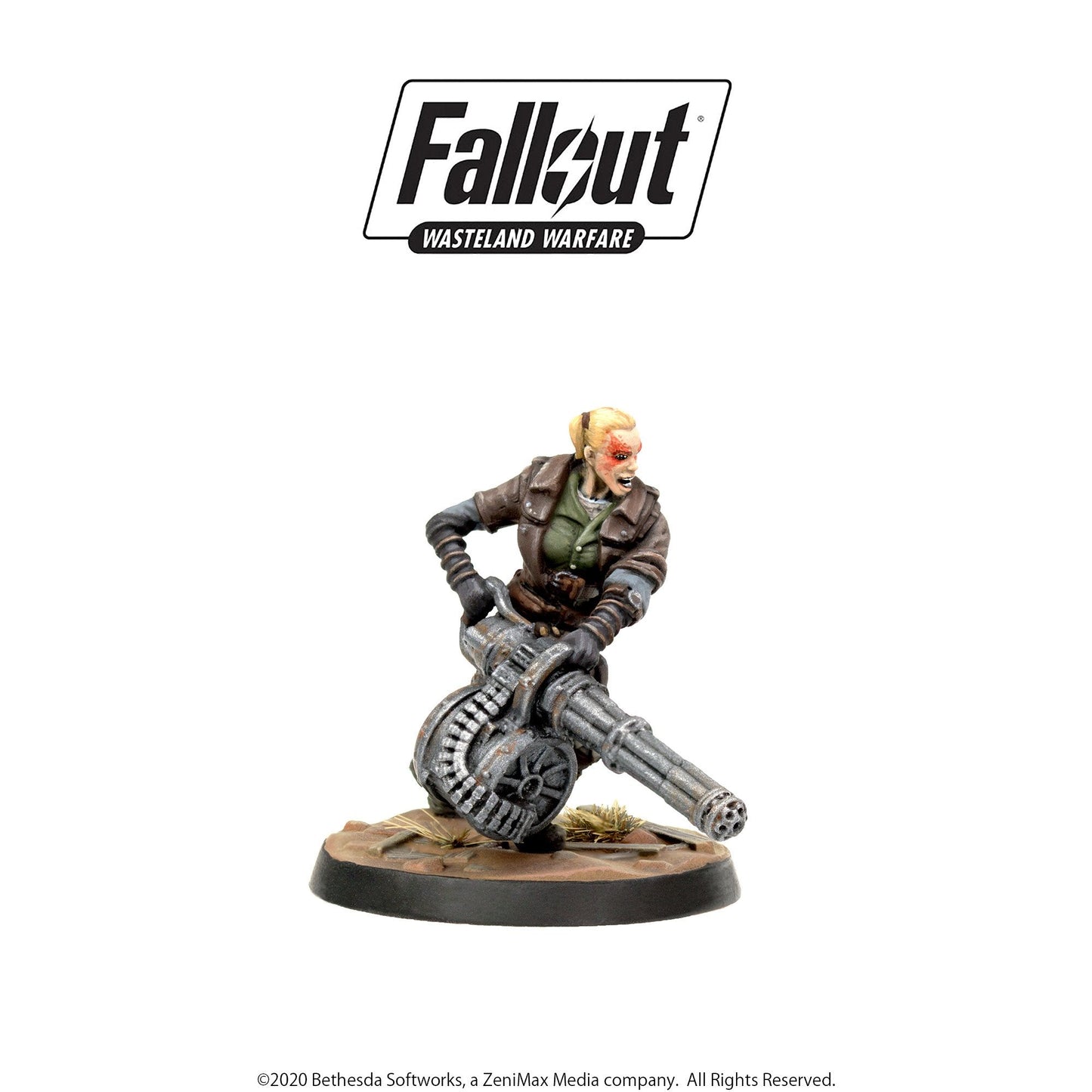Fallout: Wasteland Warfare miniature of a fierce blonde woman with red markings, firing a large minigun