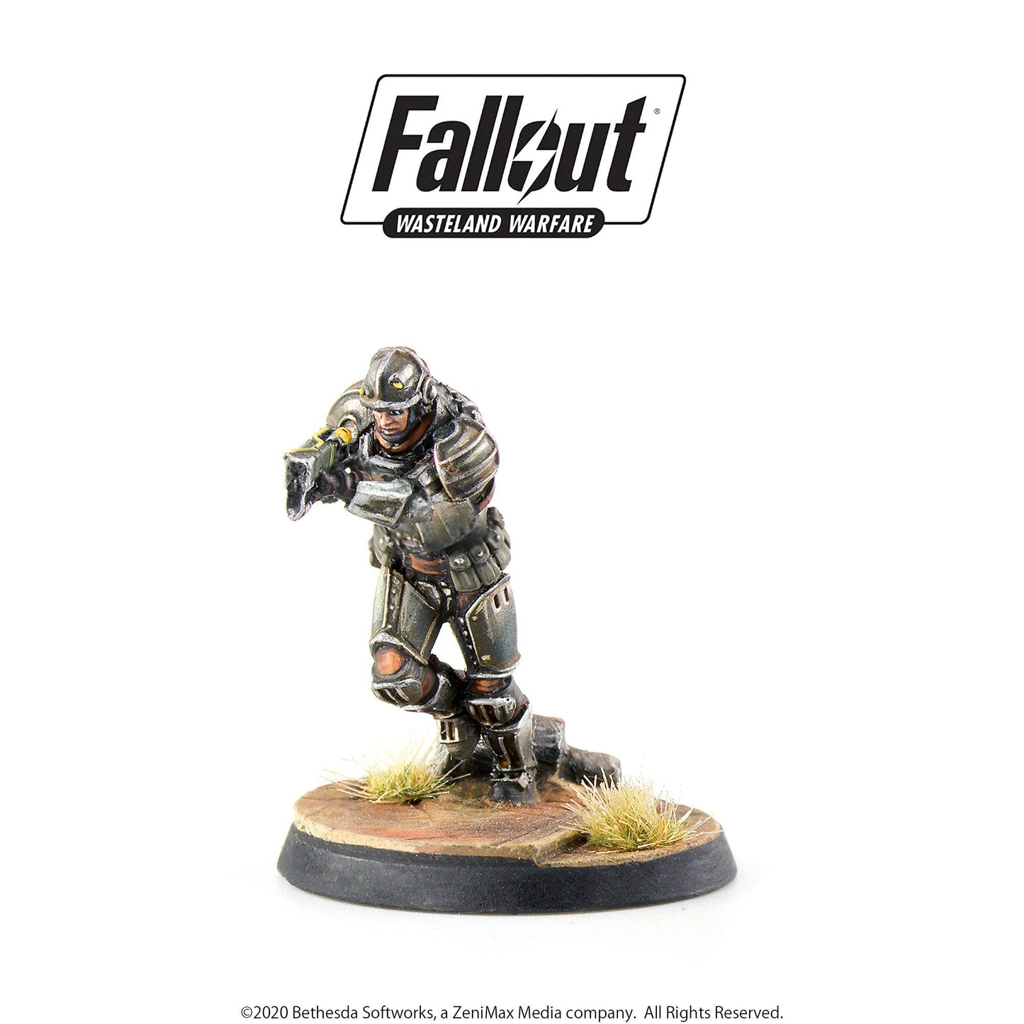 Fallout miniature of an armored soldier running and aiming a rifle