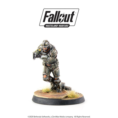 Fallout miniature of an armored soldier running and aiming a rifle