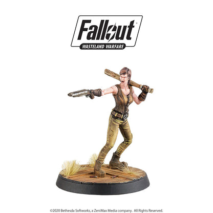 Fallout Wasteland Warfare miniature: A female survivor aims a shotgun and wields a baseball bat, in a dynamic pose.