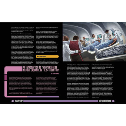 Four doctors in a futuristic medical bay tend to a patient on a bed, surrounded by advanced equipment