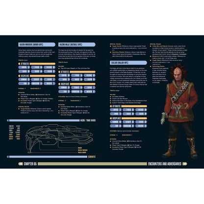 RPG page with character stats, an illustrated alien man (Culluh), and a Kazon Trade Raider schematic