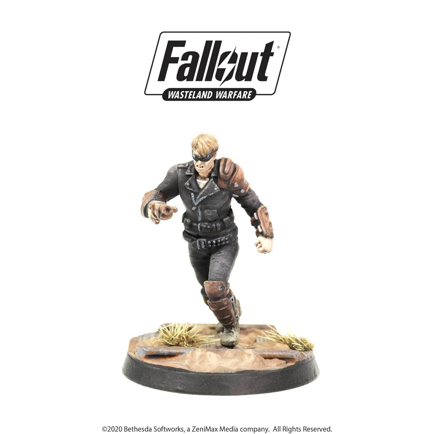 A Fallout: Wasteland Warfare miniature of a blonde figure in sunglasses, black jacket, and brown pads, running and pointing