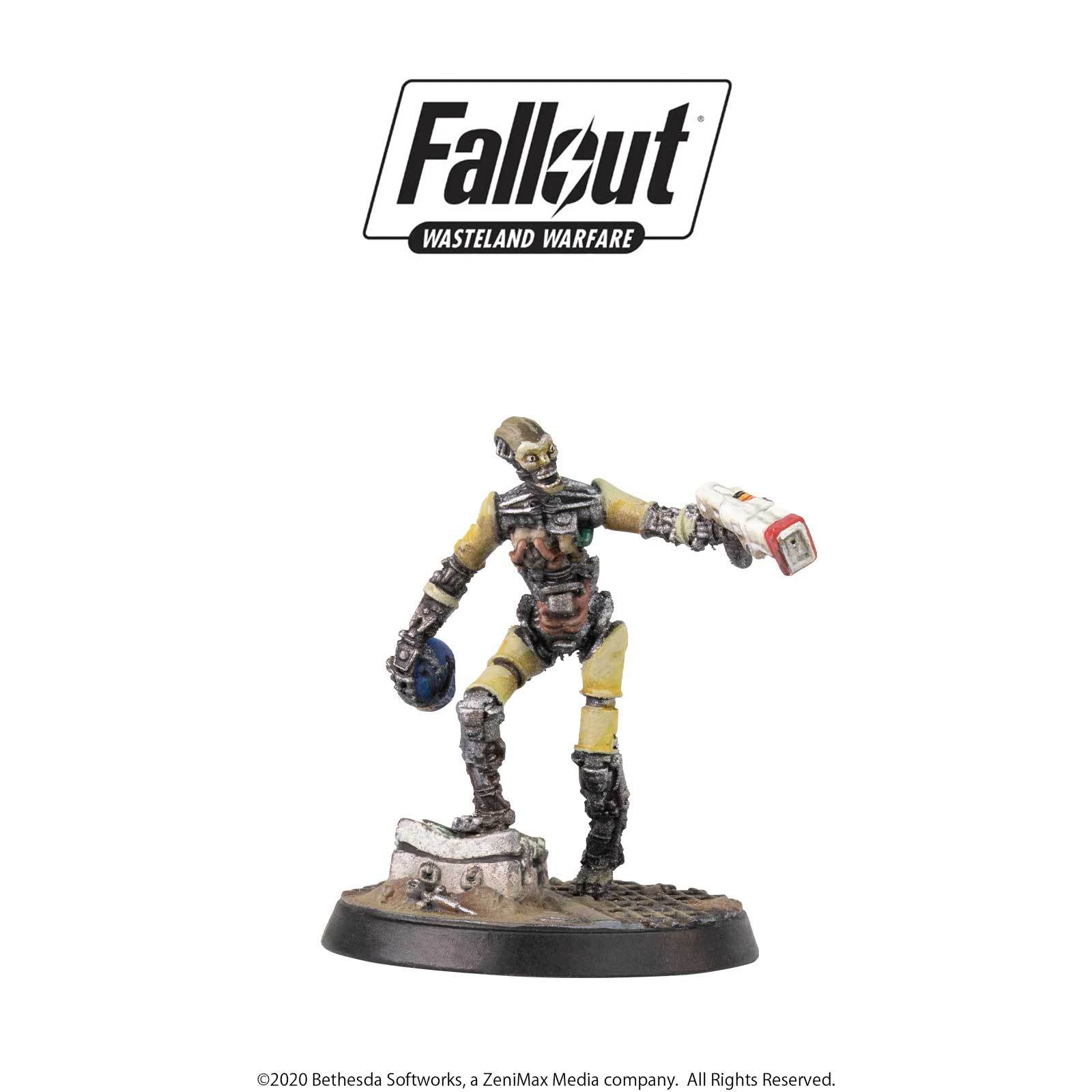 A Fallout Wasteland Warfare Gen 1 Synth miniature holds a plasma grenade and a laser pistol