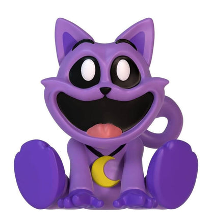 Stylized purple cat figure sitting and smiling wide, wearing a yellow crescent moon pendant