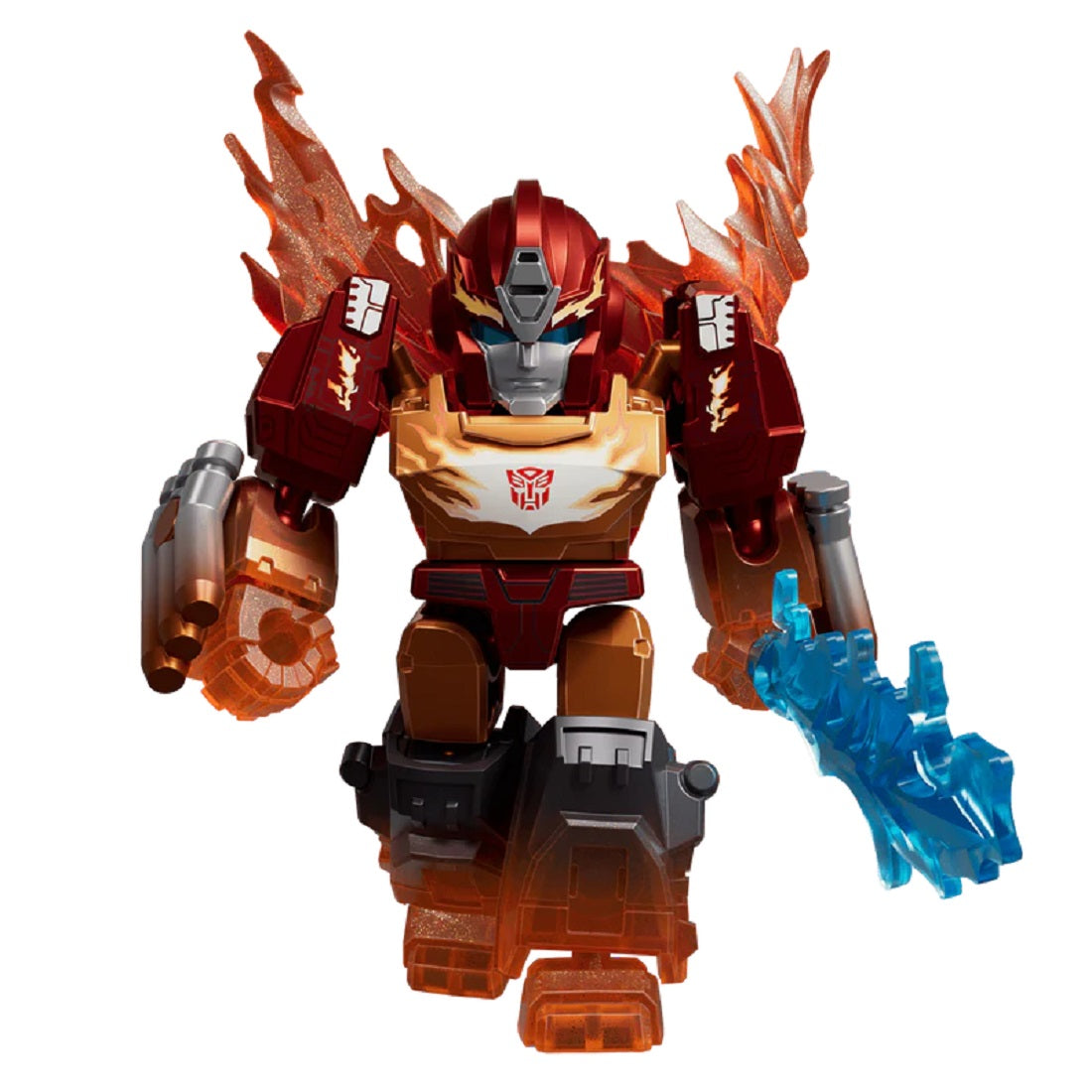 Red and gold robot figure with fiery wings, holding a translucent blue energy blaster