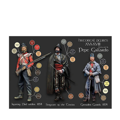 Historical figures painting guide by Pepe Gallardo, featuring three detailed soldier miniatures with color callouts for uniforms
