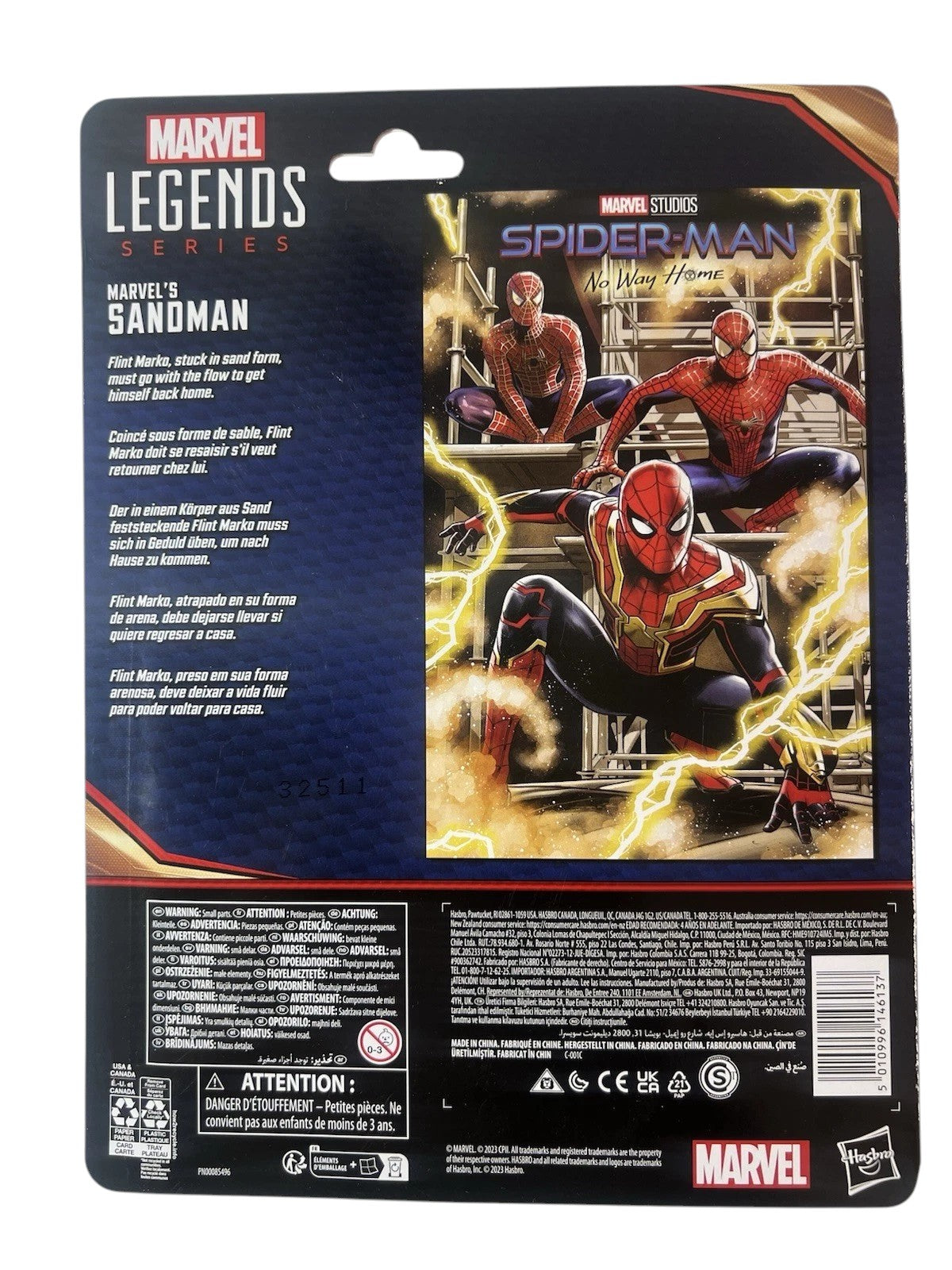 Rear of Marvel Legends Sandman package. Art features three Spider-Men from No Way Home, surrounded by yellow lightning