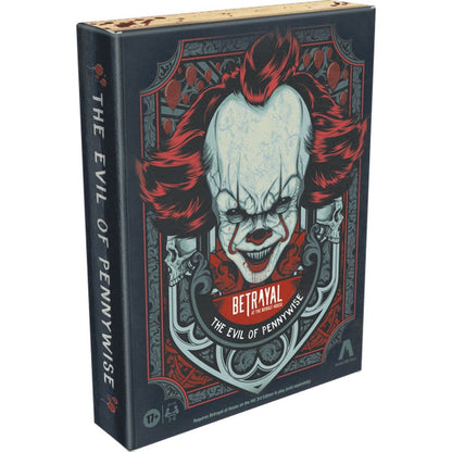 The Betrayal at the Neibolt House expansion box showing a sinister image of Pennywise the clown surrounded by dark Victorian-style framing and skulls