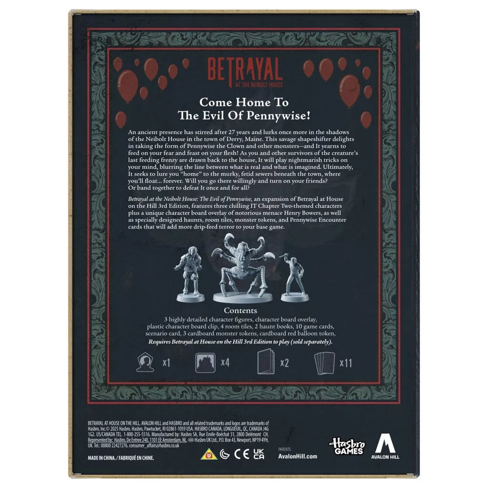 The back packaging of the Betrayal at the Neibolt House expansion shows descriptive text, red balloons, and three unpainted miniatures including the IT monster