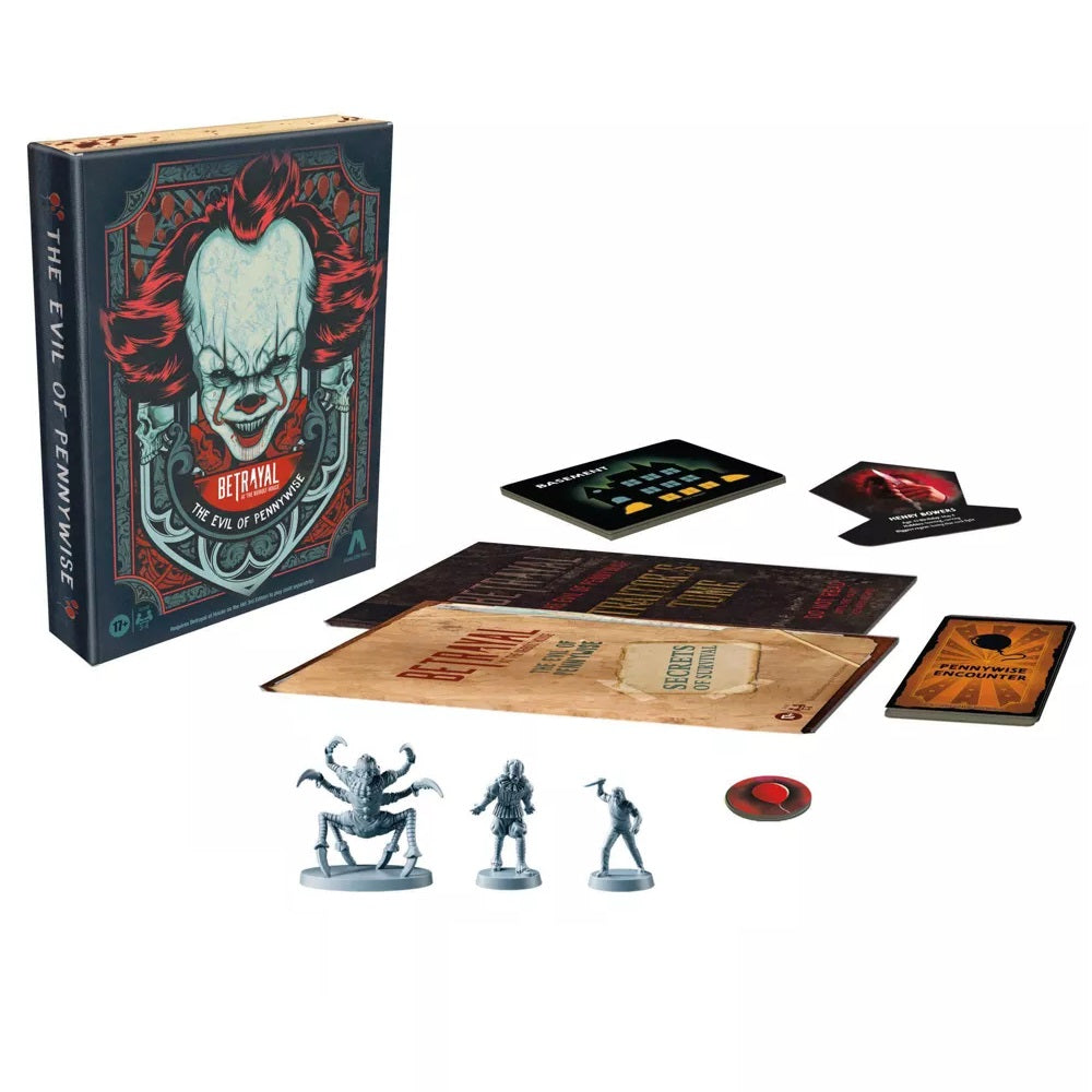 The Betrayal The Evil of Pennywise horror board game components are shown next to the box featuring Pennywise, including tiles, map sections, and three detailed grey miniatures
