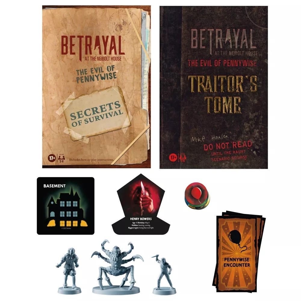 The Betrayal at the Neibolt House The Evil of Pennywise game expansion featuring rulebooks, monster miniatures, character tokens, and encounter cards