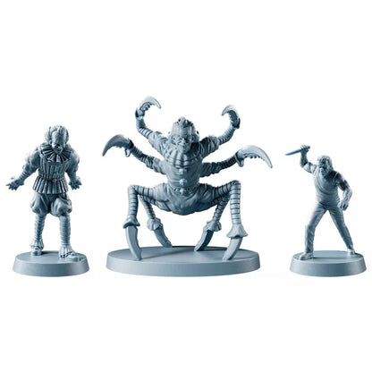 A set of three gray miniatures featuring the classic Pennywise, his massive multi-limbed creature form, and a man wielding a blade