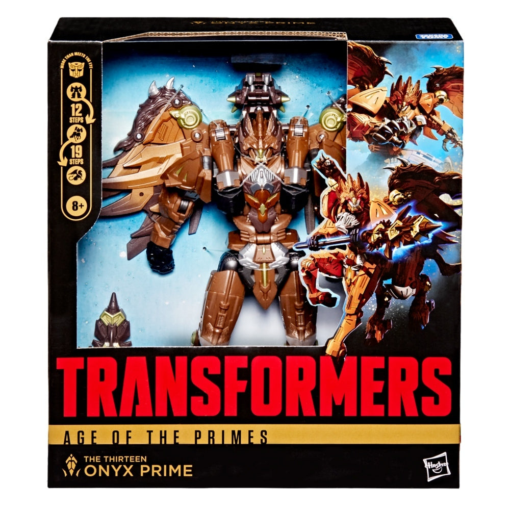 The boxed Transformers Age of the Primes Onyx Prime figure is a large, brown and bronze robot with prominent golden shoulder armor and complex beast detailing