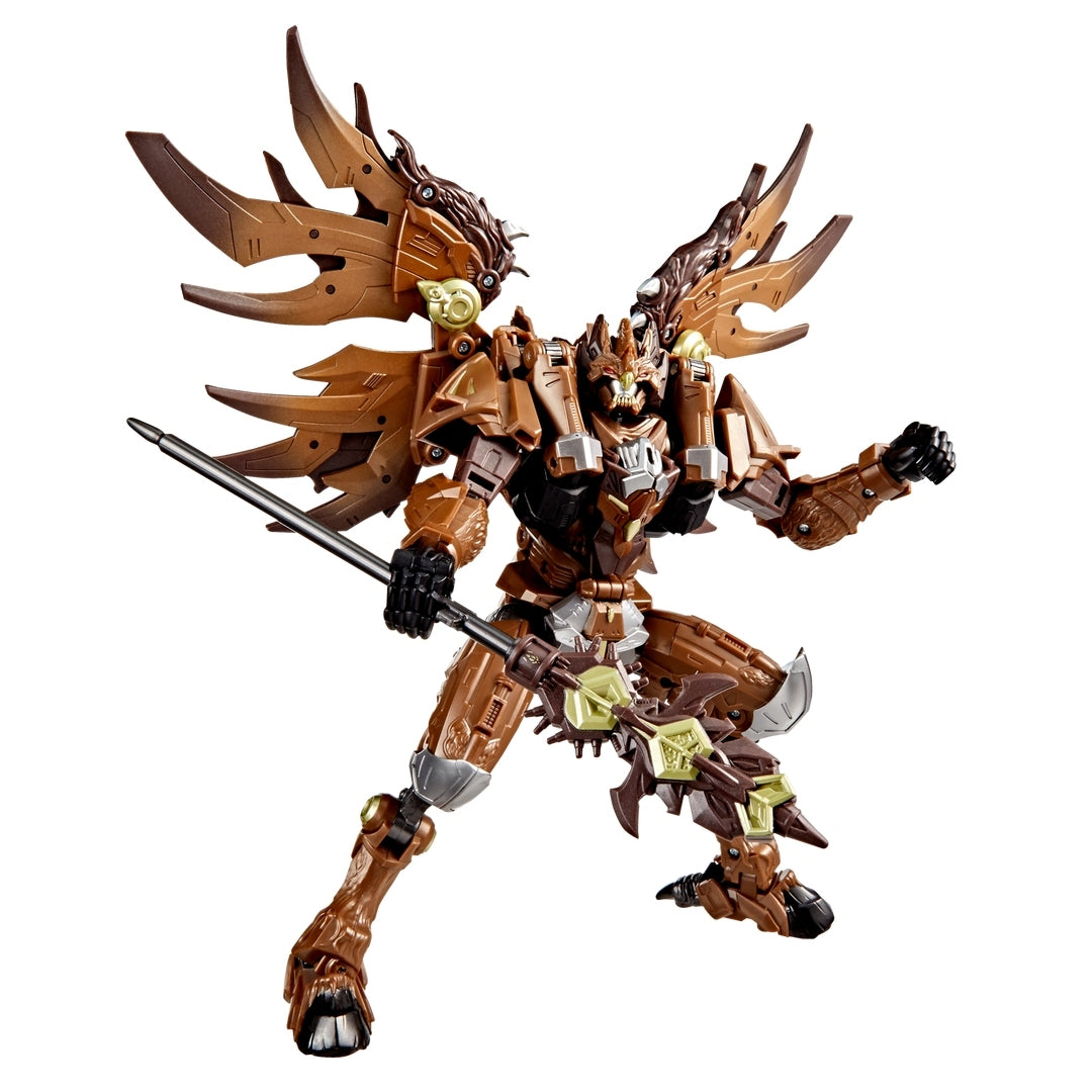 A fierce brown and bronze Onyx Prime action figure with large segmented wings and a beast head helmet holds a silver staff in an attacking position