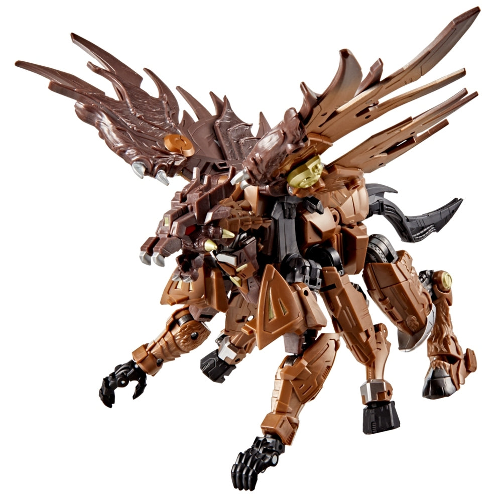This robotic Onyx Prime figure in brown and black stands dynamically, showcasing its elaborate layered wings and beast head