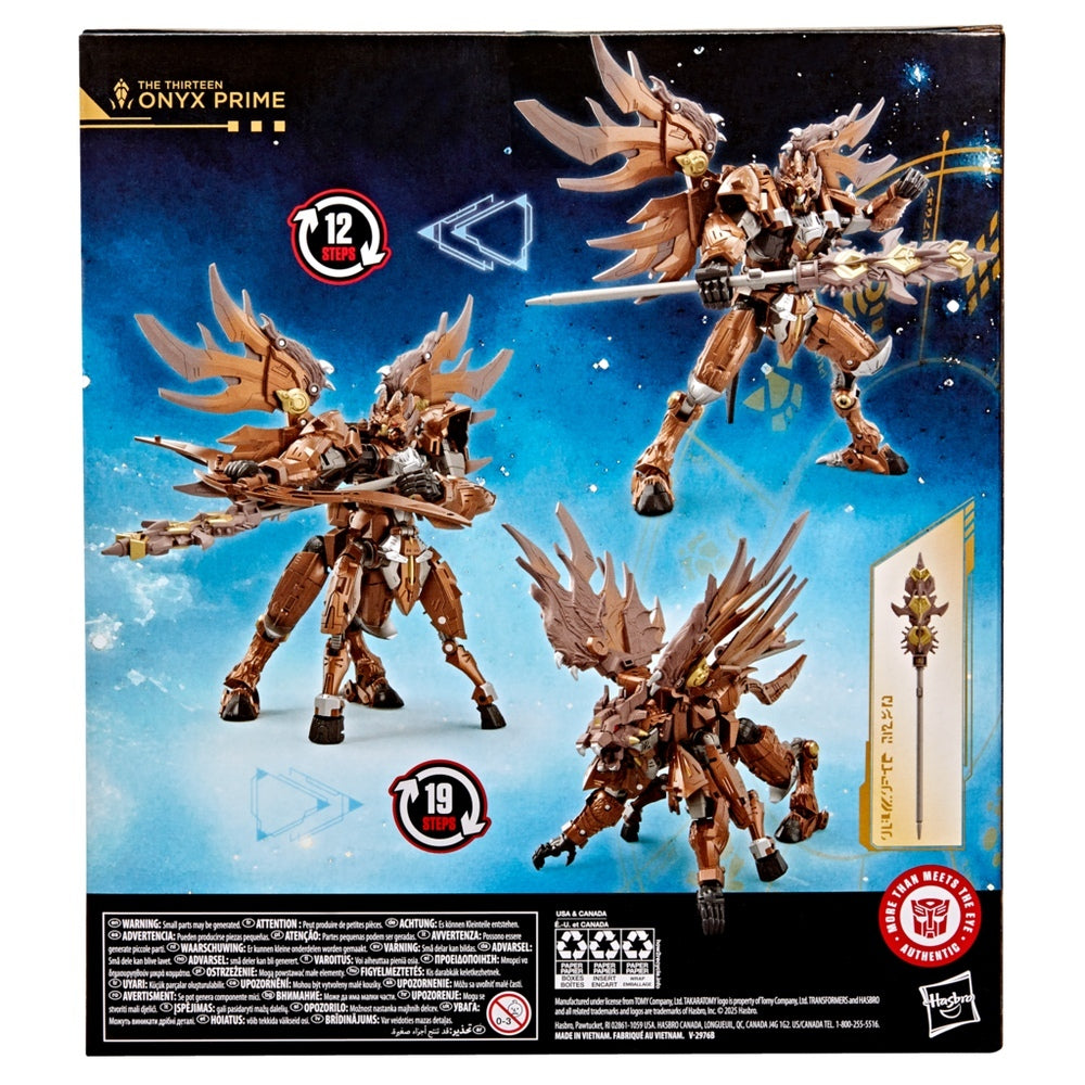 Transformers The Thirteen Onyx Prime figure packaging shows the copper robot figure transforming into three modes including a 19-step beast form