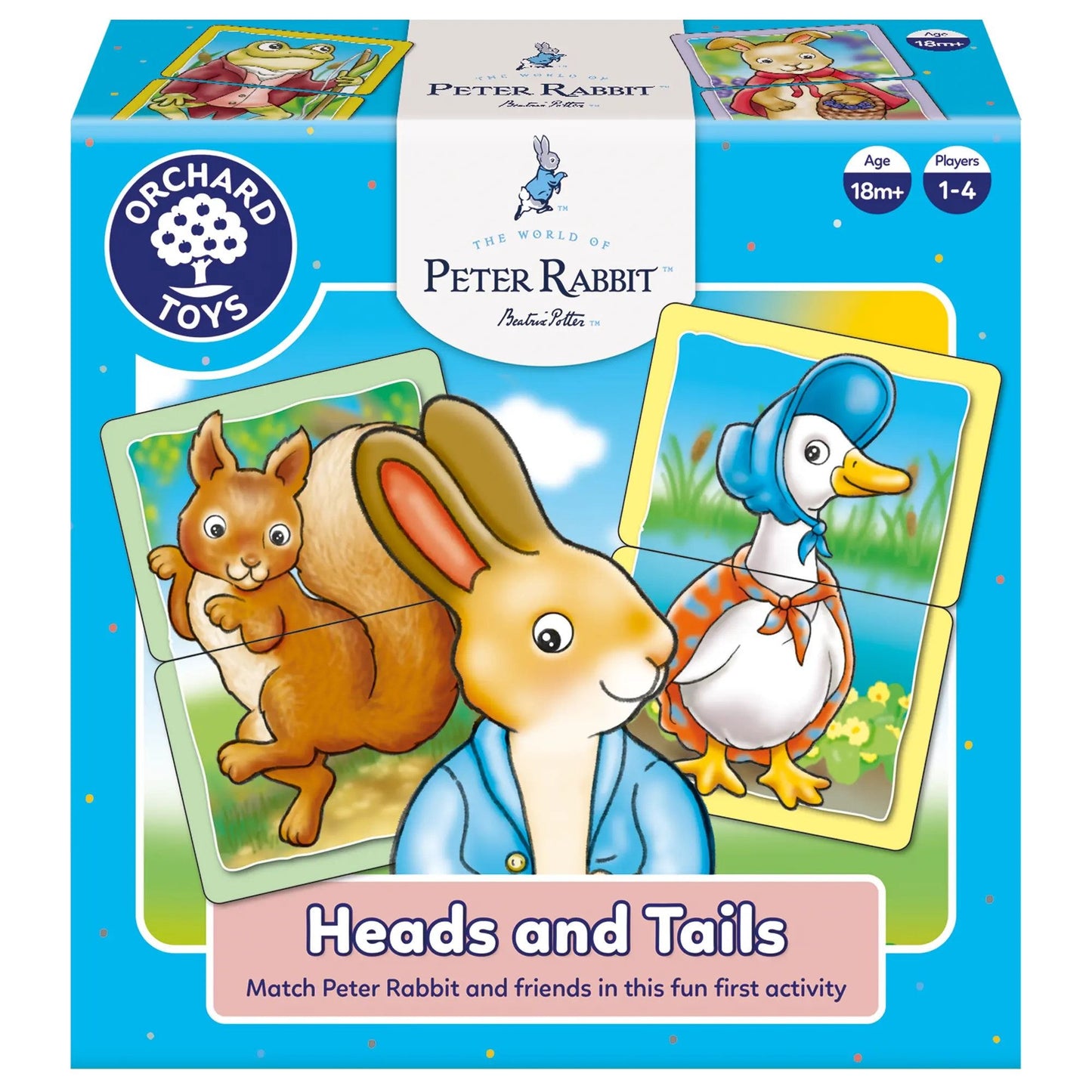 The Orchard Peter Rabbit Heads and Tails game box features a squirrel, Peter Rabbit, and a duck on large puzzle pieces, with a blue background and colorful confetti dots