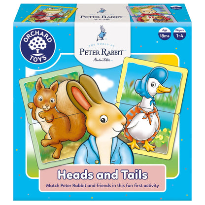 The Orchard Peter Rabbit Heads and Tails game box features a squirrel, Peter Rabbit, and a duck on large puzzle pieces, with a blue background and colorful confetti dots