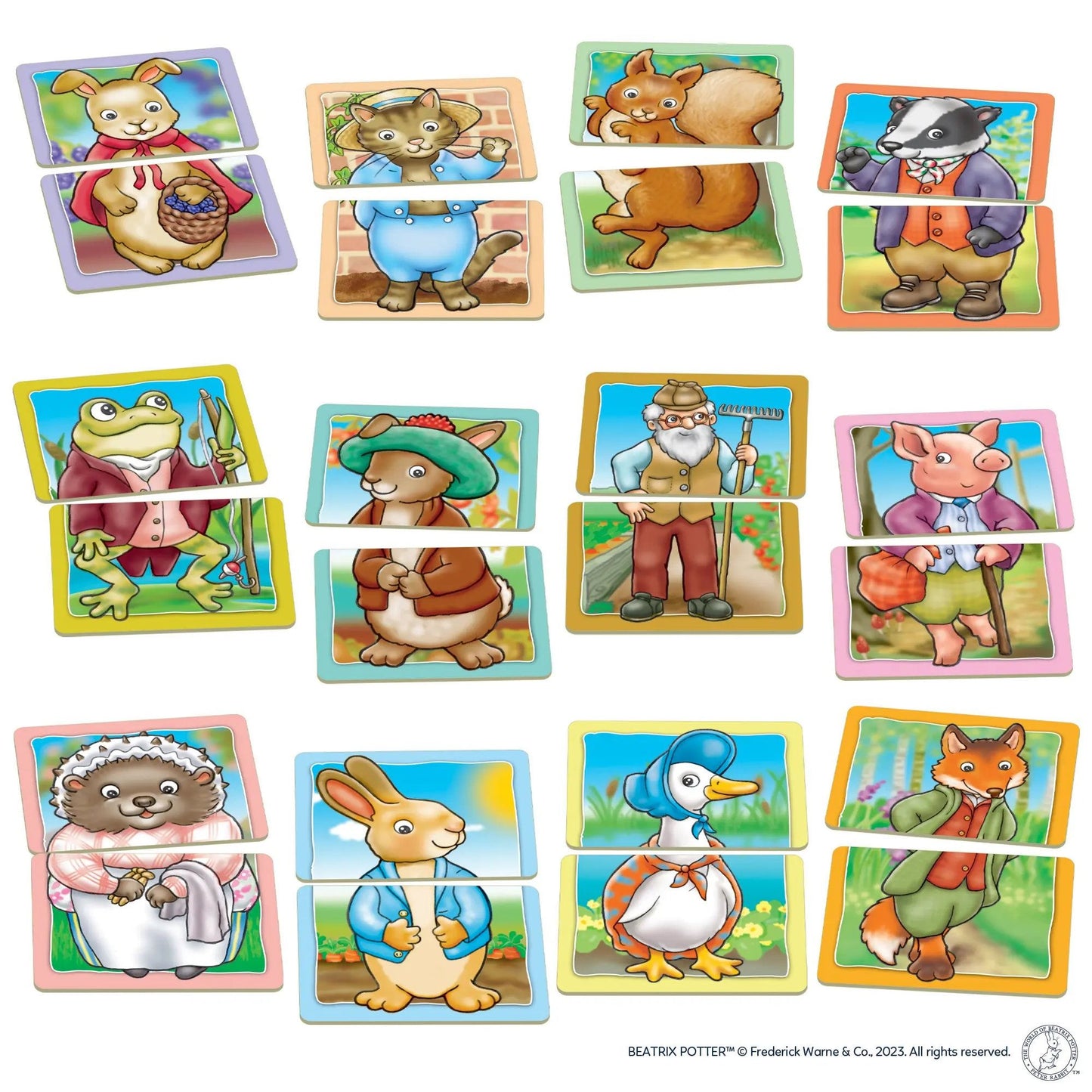 Peter Rabbit Heads And Tails puzzle pieces feature matching tops and bottoms of various Beatrix Potter animal characters including a rabbit, badger, frog, and duck