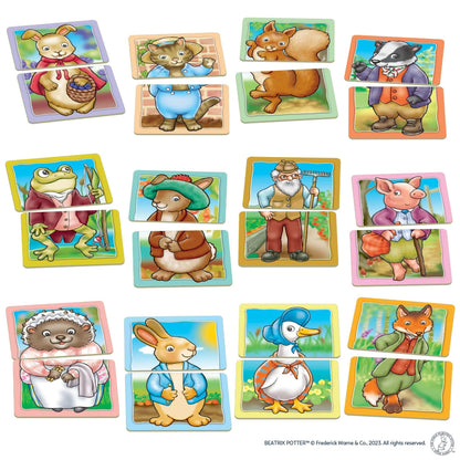 Peter Rabbit Heads And Tails puzzle pieces feature matching tops and bottoms of various Beatrix Potter animal characters including a rabbit, badger, frog, and duck