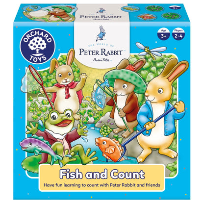 A Peter Rabbit Fish and Count game box displays cartoon rabbits and a frog catching colorful fish in a stream with nets