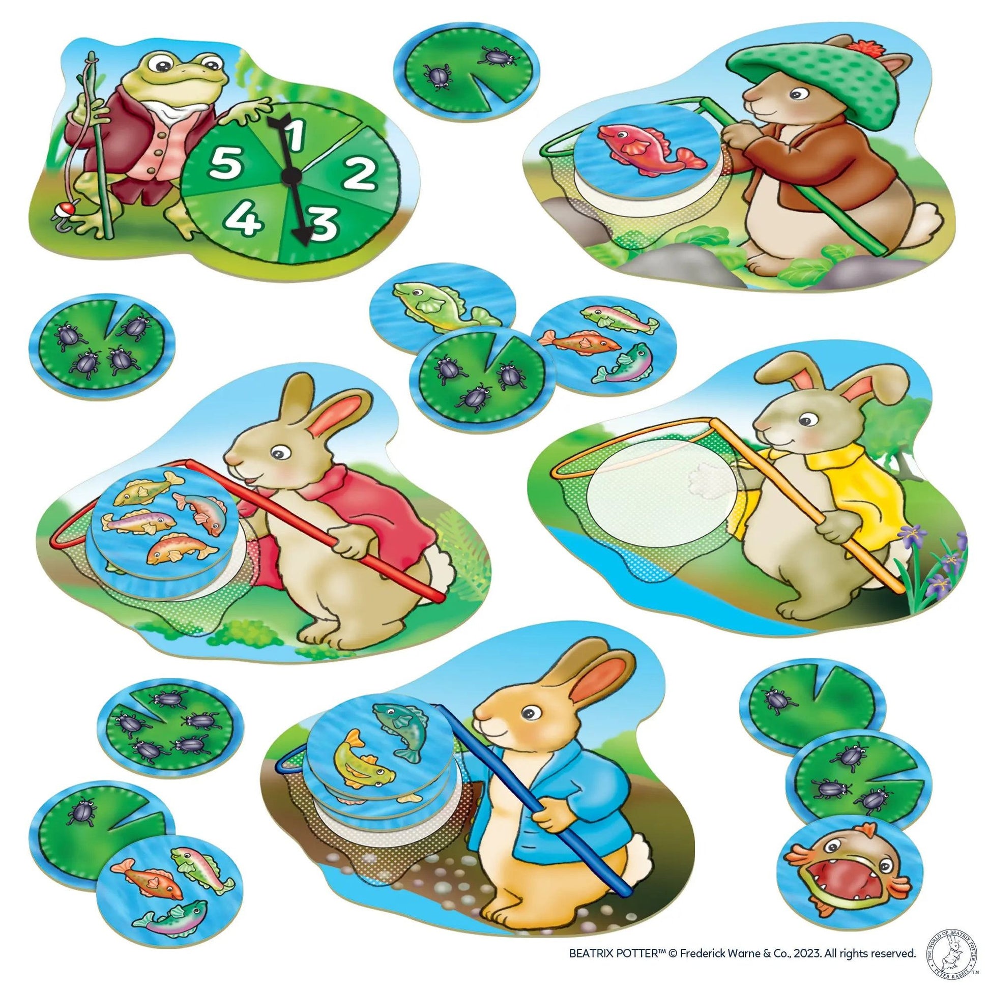 Orchard Peter Rabbit - Fish And Count game pieces showing bunnies and a frog with nets catching fish and bugs, along with a number spinner