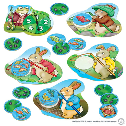 Orchard Peter Rabbit - Fish And Count game pieces showing bunnies and a frog with nets catching fish and bugs, along with a number spinner