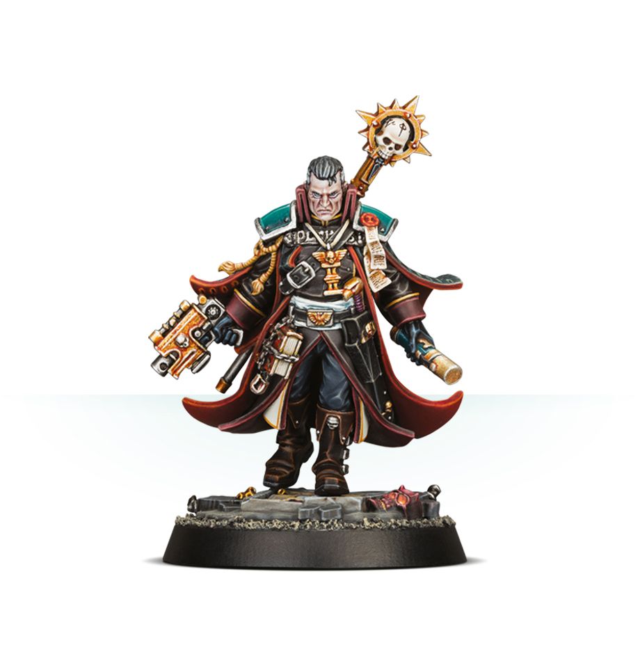 A painted miniature figure of Eisenhorn in a black and red coat, holding a golden pistol and a skull-topped staff