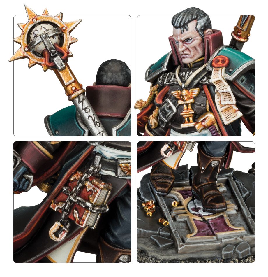 Eisenhorn miniature figure showing a stern man in elaborate armor with a staff, chained books, and standing on a detailed base with a purple symbol