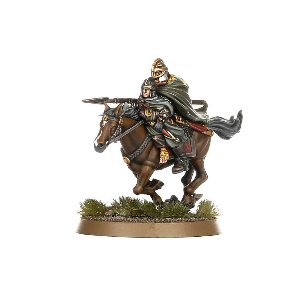 Painted miniature of two armored riders on a galloping horse, holding a spear.