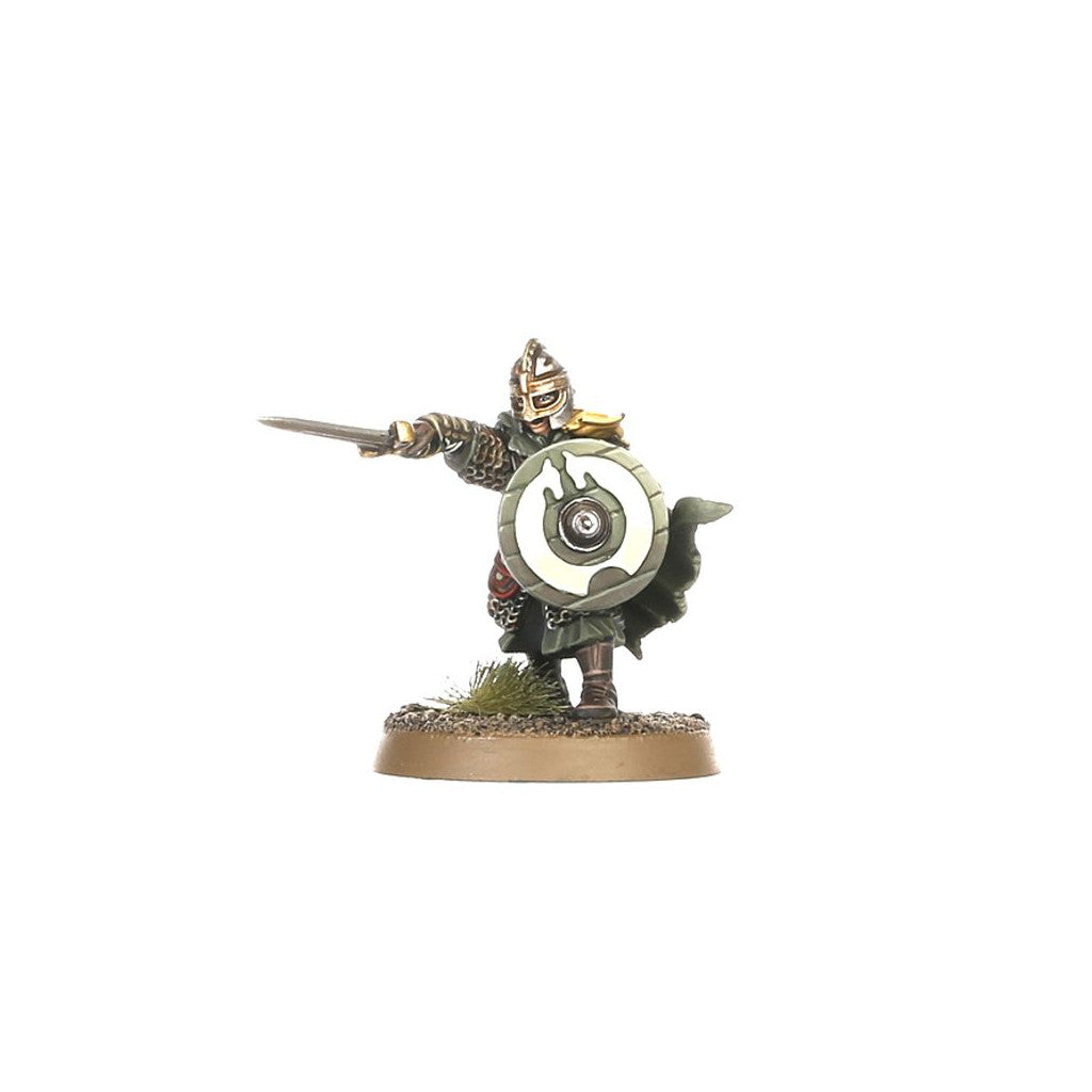 Painted miniature of an armored Rohan warrior lunging forward with a sword and round shield