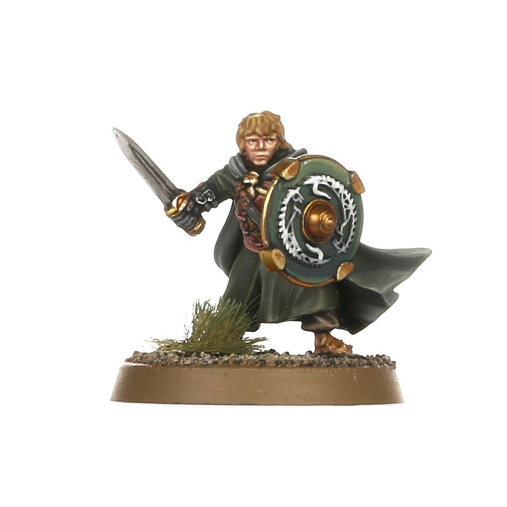 Painted miniature of a warrior in a green cloak, holding a sword and a decorated round shield