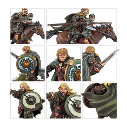 Close-up grid of detailed fantasy wargaming miniatures: mounted warriors and infantry figures with swords and shields