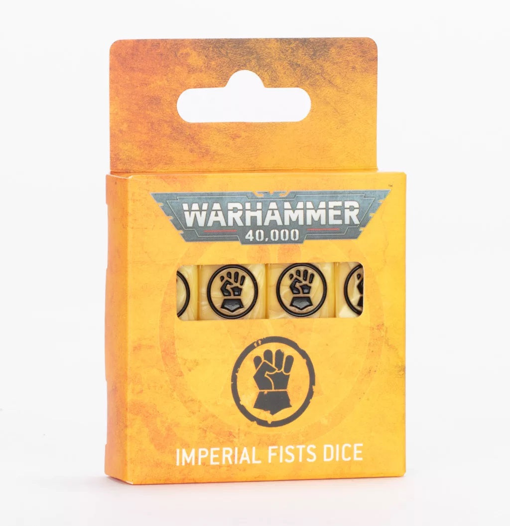 Box of Warhammer 40k Imperial Fists dice, Yellow dice are visible through the packaging window
