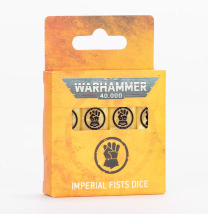Box of Warhammer 40k Imperial Fists dice, Yellow dice are visible through the packaging window