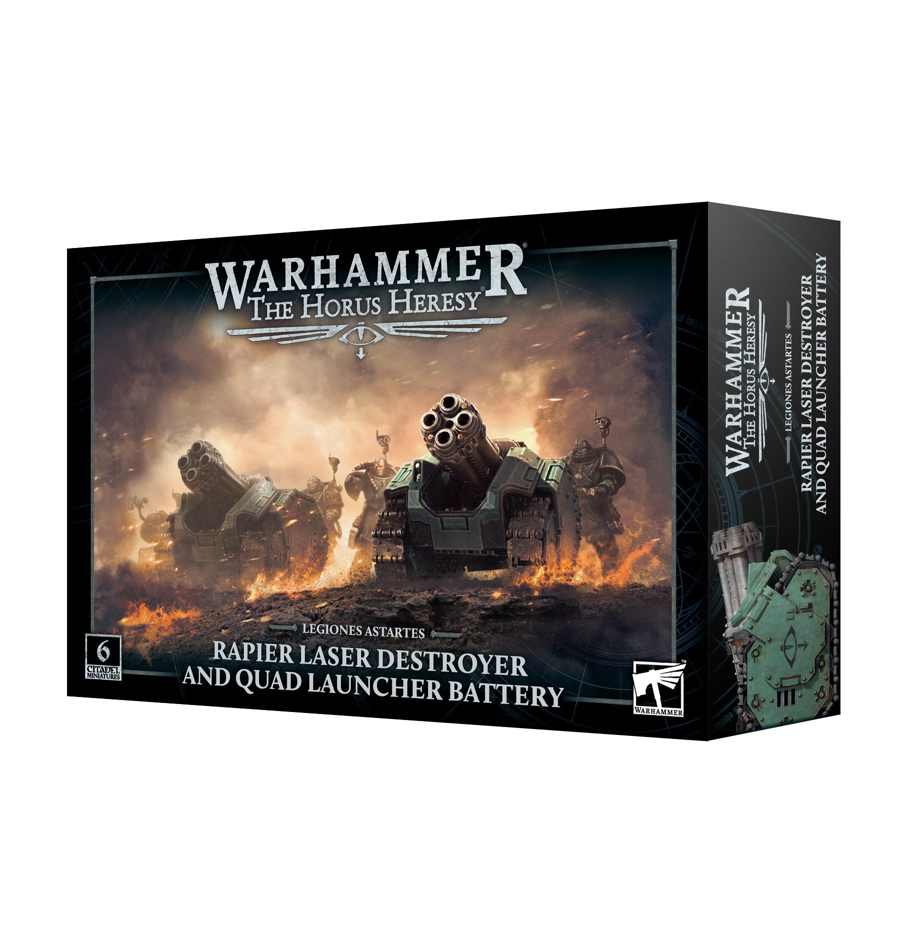 A product box featuring Legiones Astartes Rapier Laser Destroyer and Quad Launcher Battery miniature vehicles on a smoky battlefield with fire effects