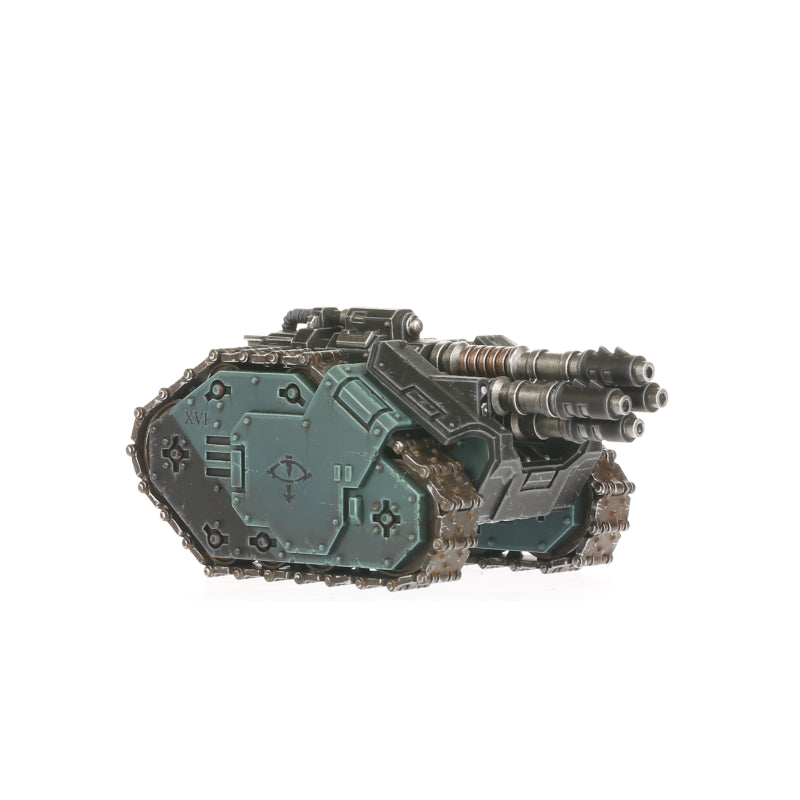 A painted Legiones Astartes Rapier Laser Destroyer miniature in teal and dark metal, featuring tracks and multiple large barrels on the front