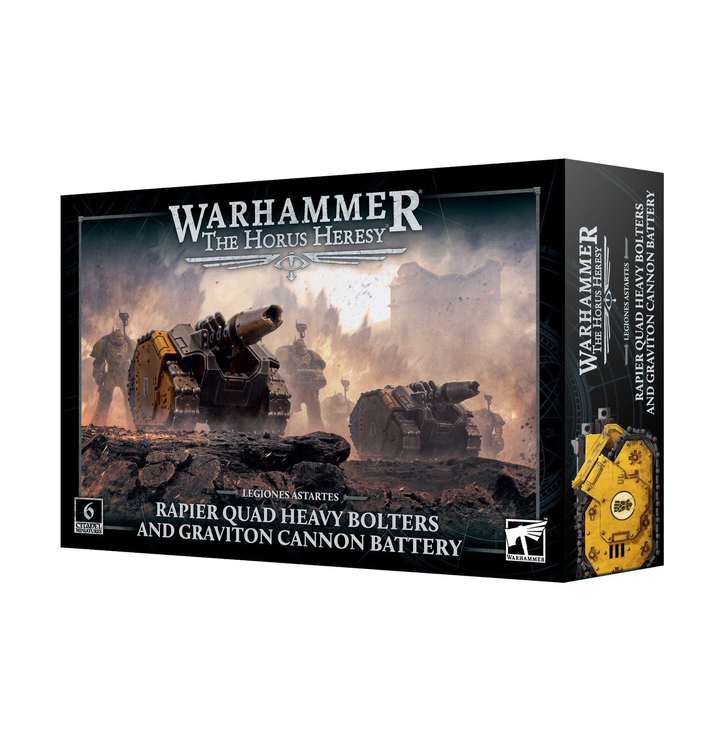 A product box featuring artwork of Legiones Astartes Rapier Quad Heavy Bolters, tracked war machines, and armored figures on a smoky battlefield
