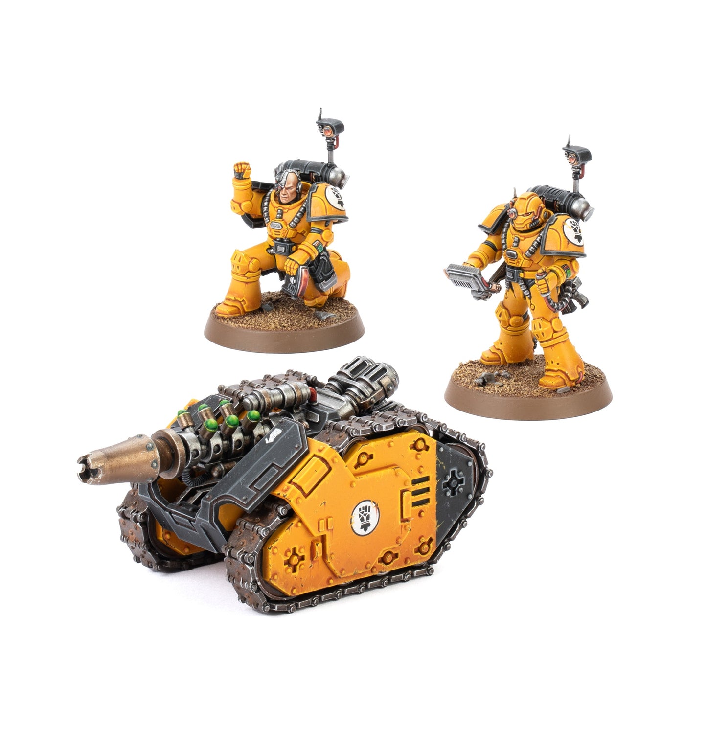 Two yellow armored Legiones Astartes figures accompany a yellow and gray Rapier Quad Heavy Bolters tank with a gun