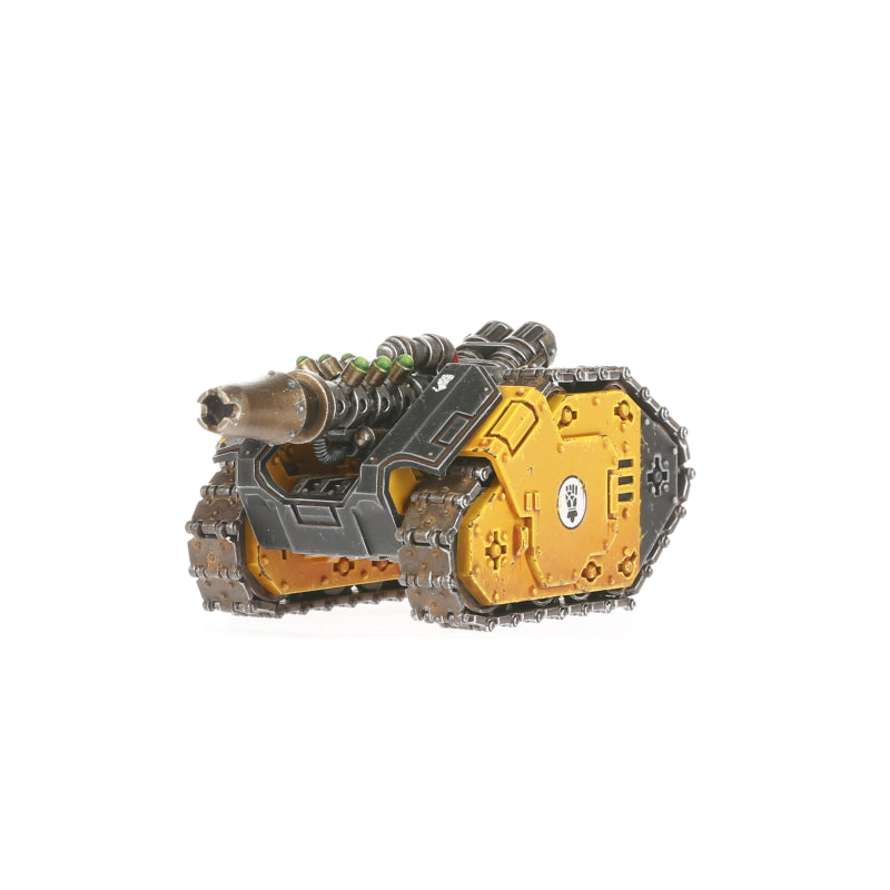 A miniature yellow and grey Legiones Astartes Rapier Quad Heavy Bolters model with a multi-barreled cannon on a white background