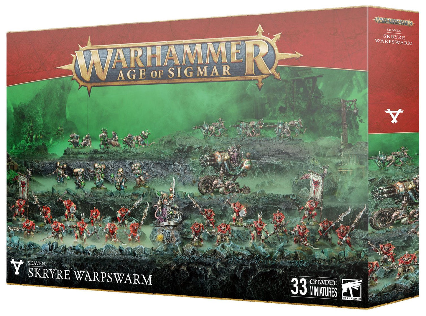 A large Skaven Skryre Warpswarm box features a chaotic battle scene of thirty-three miniatures, showing red-armored Clanrats and powerful Skryre war machines in a misty toxic landscape