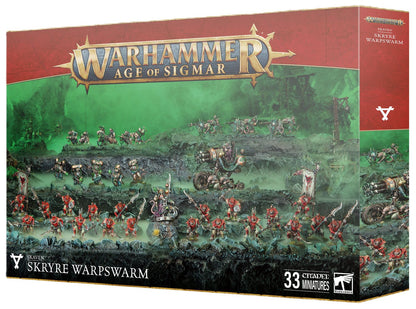 A large Skaven Skryre Warpswarm box features a chaotic battle scene of thirty-three miniatures, showing red-armored Clanrats and powerful Skryre war machines in a misty toxic landscape