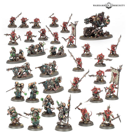 A comprehensive set of painted Skaven miniatures including red-armored Stormvermin, several Clan Skryre weapon teams, and a large Warplightning Cannon centerpiece