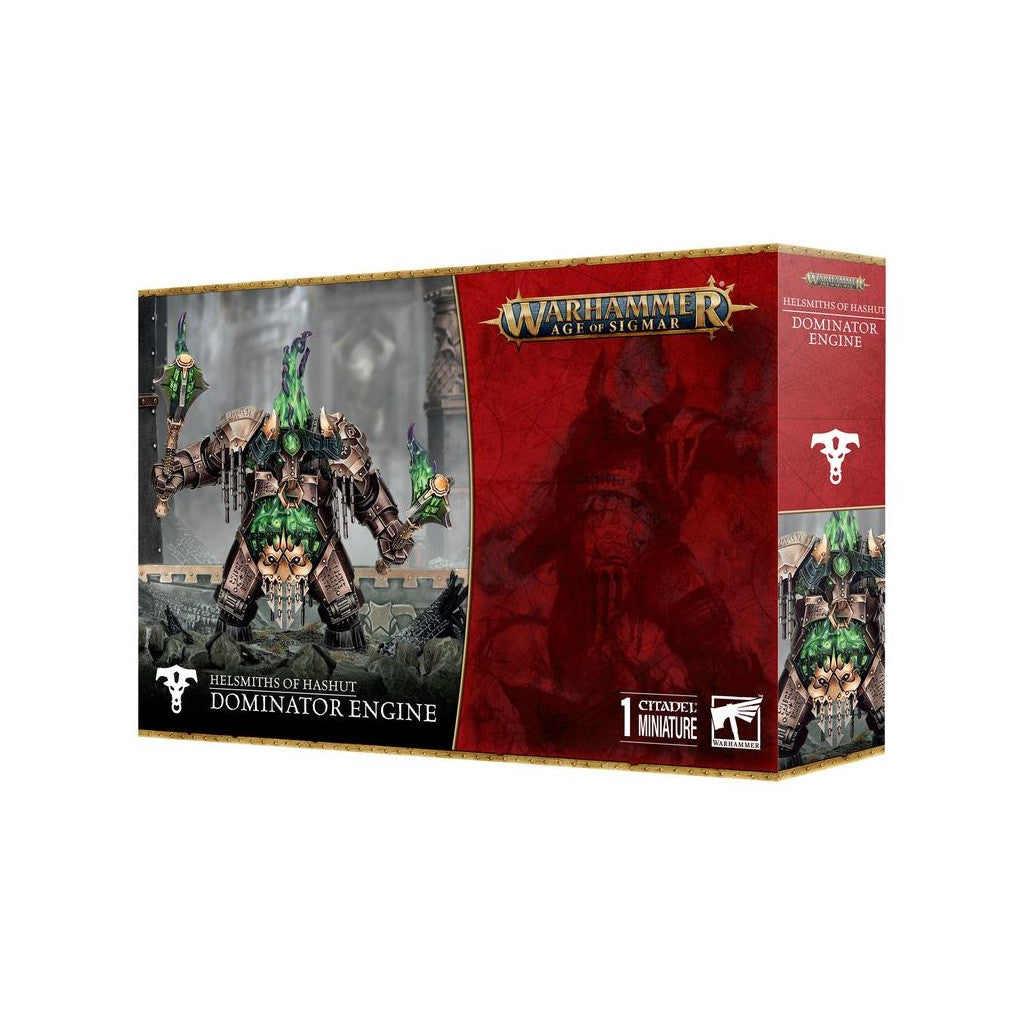The retail box for the Warhammer Age of Sigmar Helsmiths of Hashut Dominator Engine showing the miniature as a heavily armored warrior engulfed in vivid green flame and holding power axes